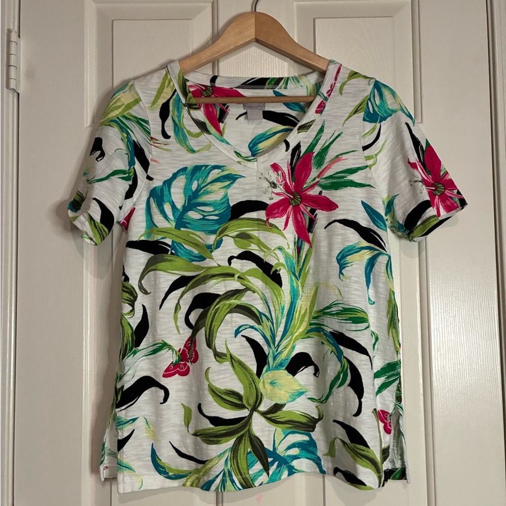 Chico's Vibrant Floral Short Sleeve Tee - Green, Pink, Black